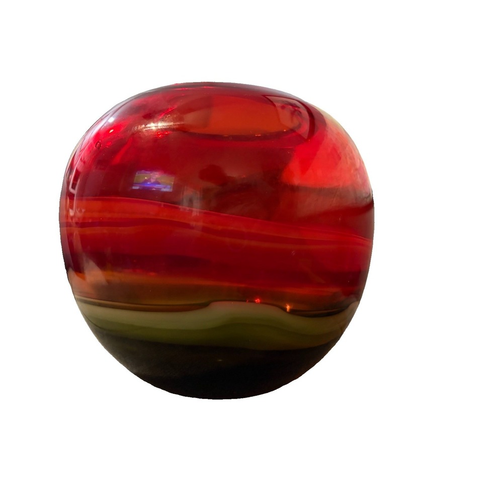 Red Green Ombre Art Glass Globe Vase Hand Blown Style Large 8" Made in China